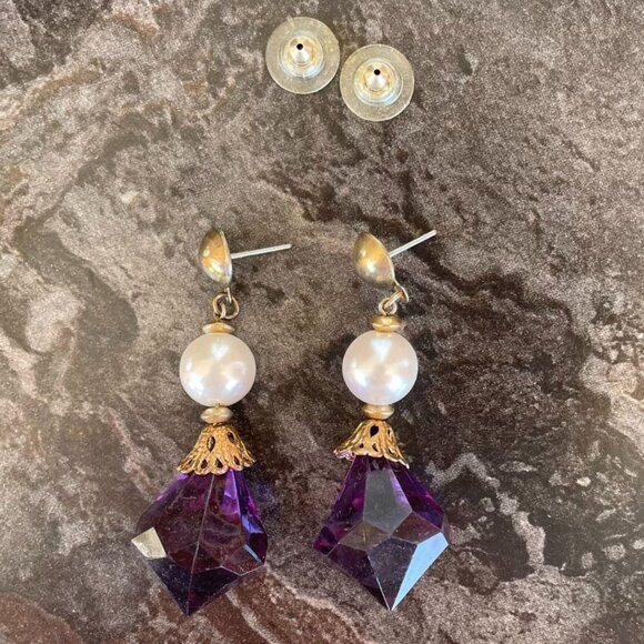 Gold Purple Drop Post Earrings Faux Pearl Faux Faceted Crystal Fashion Jewelry - Picture 4 of 5